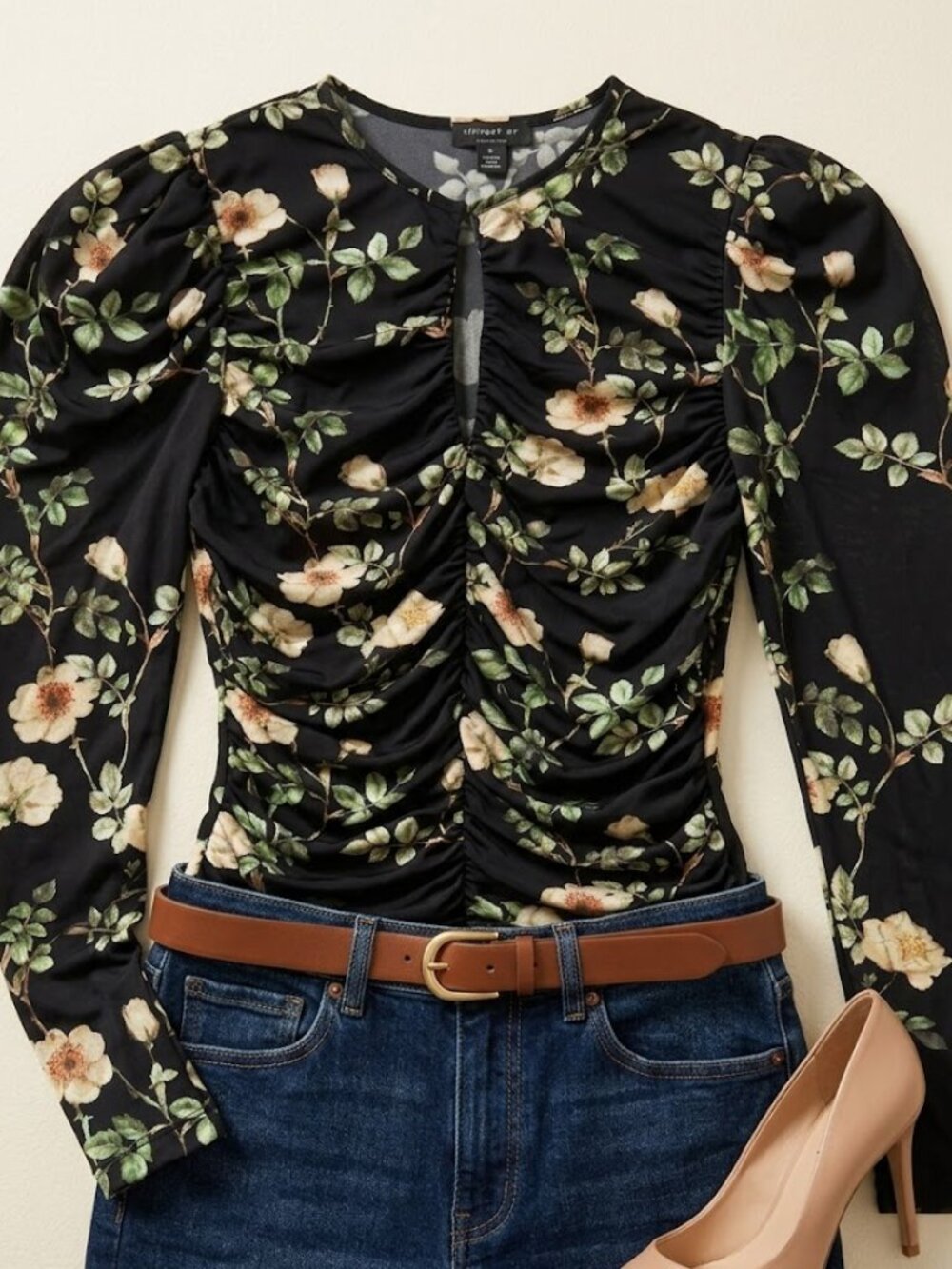 Black Floral Ruched Mesh Top Keyhole Puff Sleeve Romantic Cottagecore Feminine - Picture 2 of 15